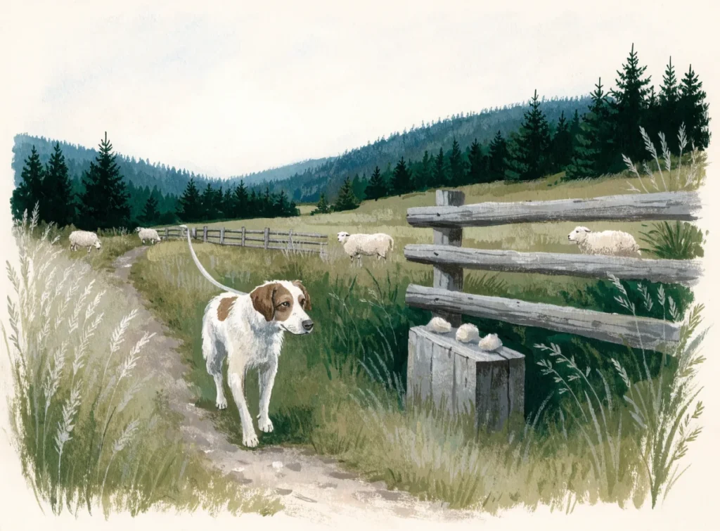 Illustrasjon av en hund i bånd på en skogsti forbi et gjerde med beitende sauer