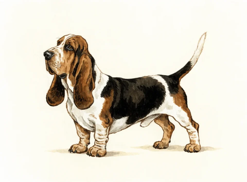 Illustrasjon av hunderasen basset hound