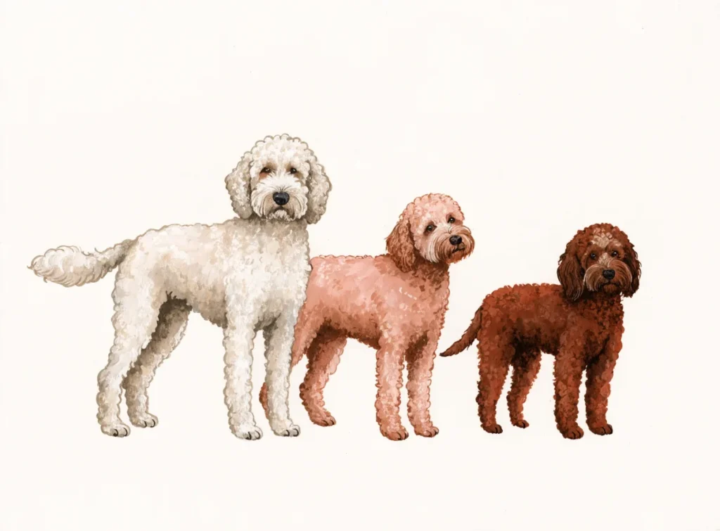 Illustrasjon av tre krøllete doodle-hunder: labradoodle, goldendoodle og cockapoo