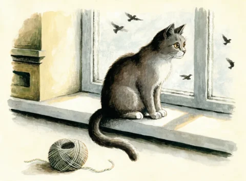 Illustrasjon av en katt i vinduskarmen som ser på fugler utenfor