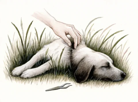 Illustrasjon av en hånd som leter etter flått i pelsen på en hund som ligger i gresset, med flåttfjerner ved siden av