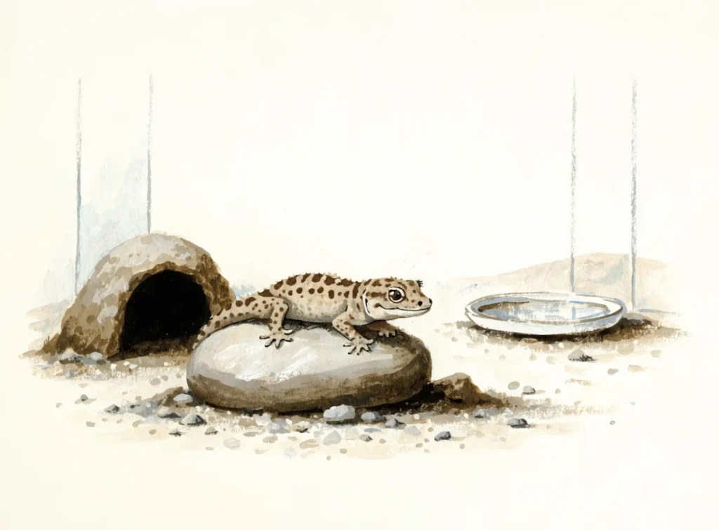 Illustrasjon av en leopardgekko på en stein i et terrarium med skjulested og vannskål