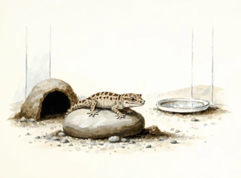 Illustrasjon av en leopardgekko på en stein i et terrarium med skjulested og vannskål