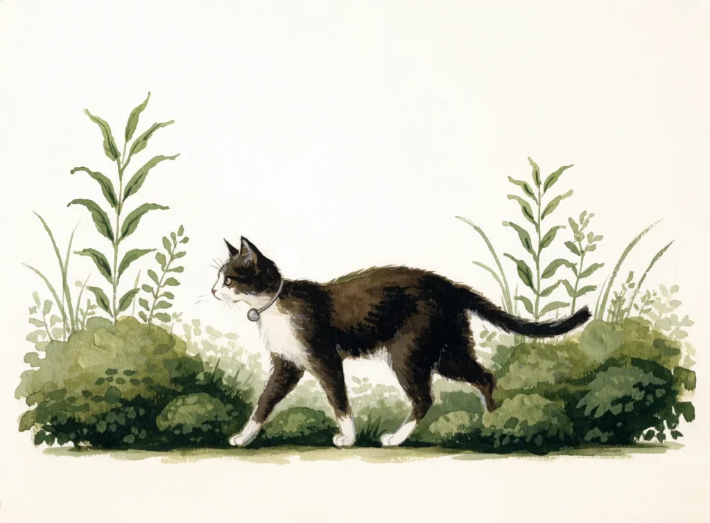 Illustrasjon av en katt med smalt halsbånd og sporingsbrikke som går gjennom en hekk