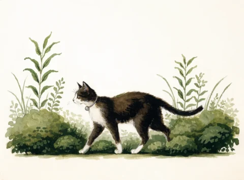 Illustrasjon av en katt med smalt halsbånd og sporingsbrikke som går gjennom en hekk