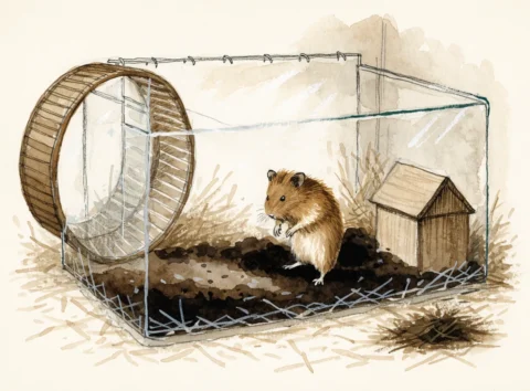 Illustrasjon av en gullhamster i et stort glassbur med dypt strø, trehus og løpehjul
