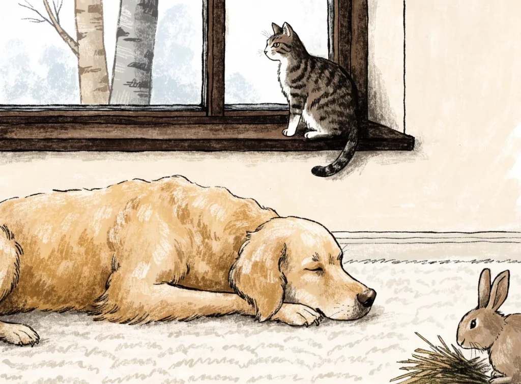 Illustrasjon av en golden retriever som ligger på et ullteppe i en lys stue, en katt i vinduskarmen og en kanin som spiser høy