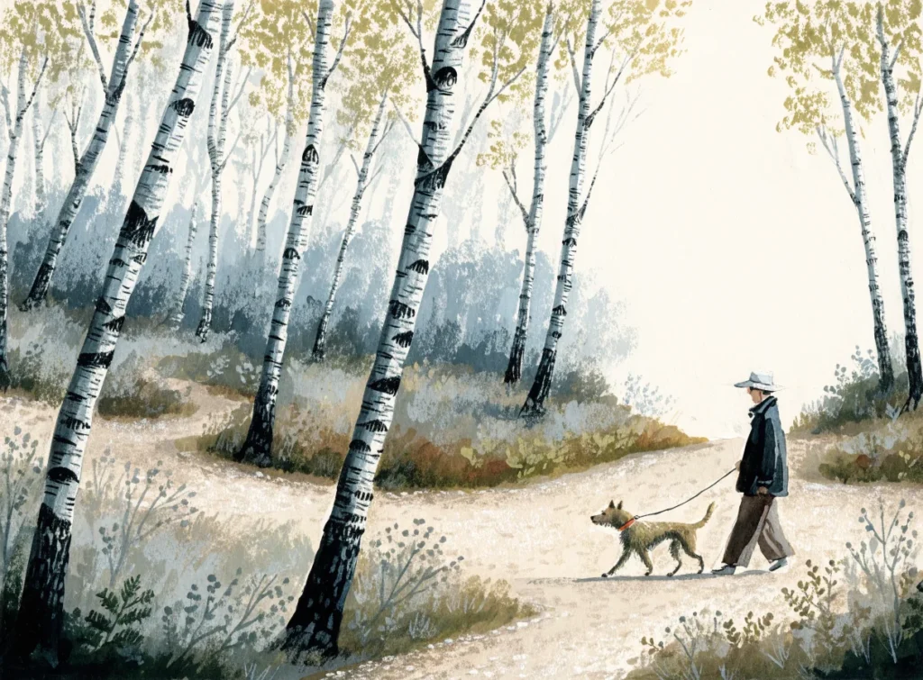 Illustrasjon av en person som går tur med hund i bånd på en grussti gjennom bjørkeskog om høsten