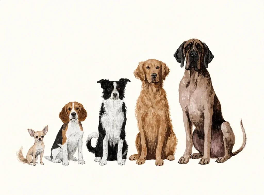 Illustrasjon av fem hunderaser på rad fra minst til størst: chihuahua, beagle, border collie, golden retriever og grand danois