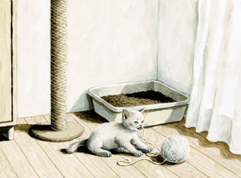 Illustrasjon av en kattunge som leker med et garnnøste ved et klorestativ og en kattedo