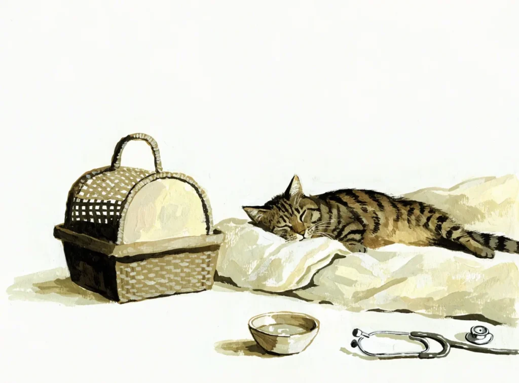 Illustrasjon av en stripete katt som hviler på et teppe ved et transportbur, en vannskål og et stetoskop