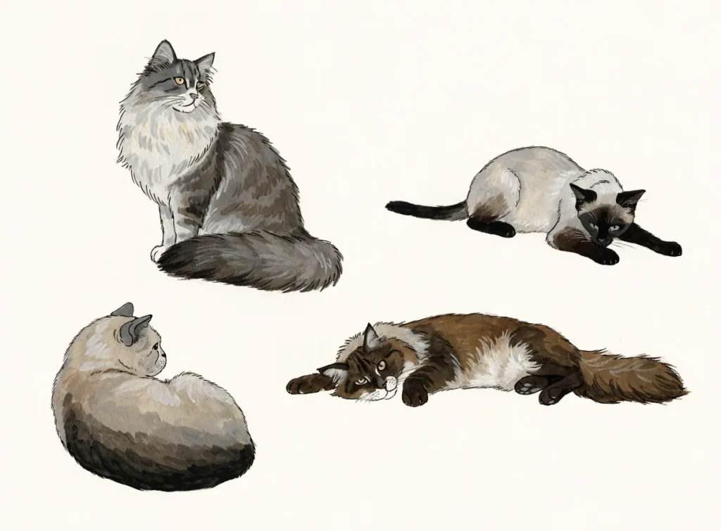 Illustrasjon av fire katteraser: norsk skogkatt, siameser, britisk korthår og maine coon