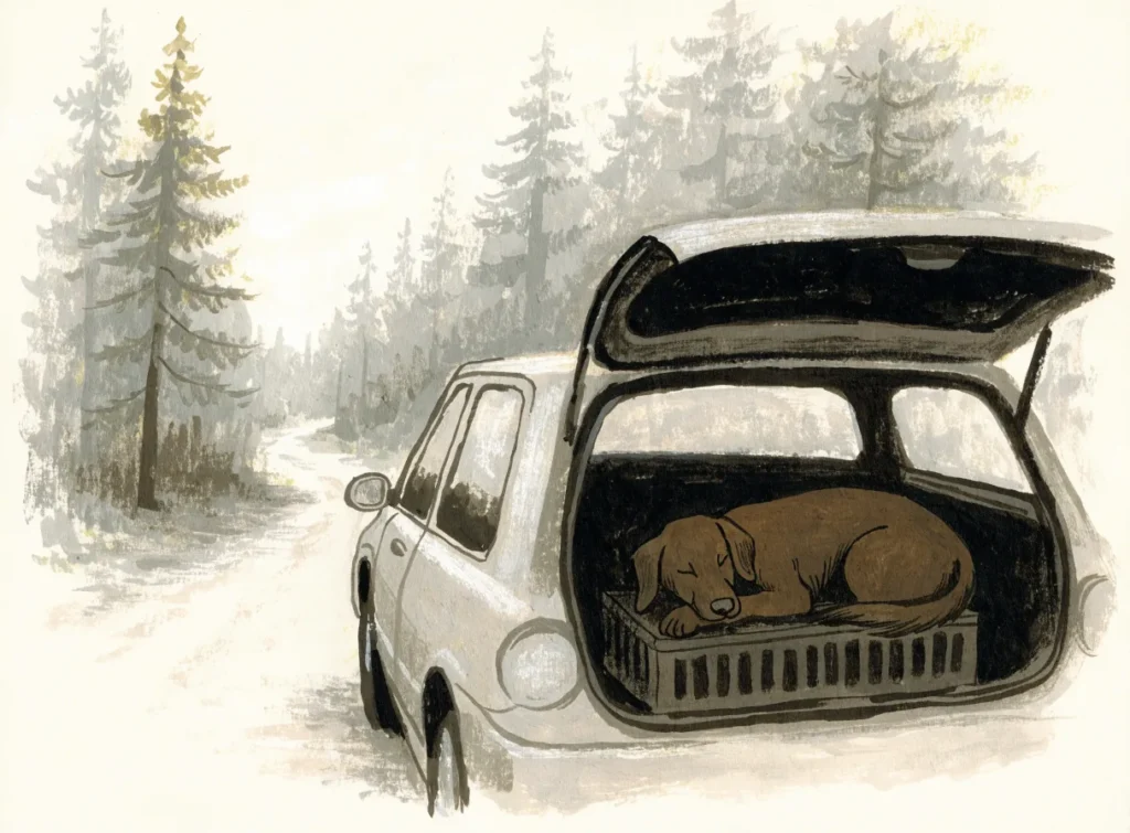 Illustrasjon av en hund som ligger i et hundebur i bagasjerommet på en stasjonsvogn