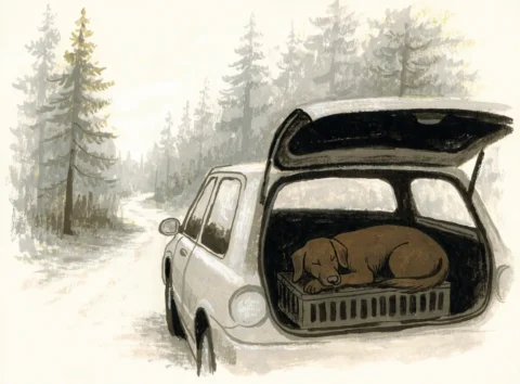 Illustrasjon av en hund som ligger i et hundebur i bagasjerommet på en stasjonsvogn