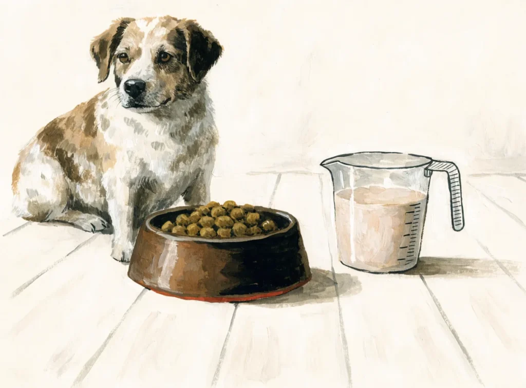 Illustrasjon av en hund ved en matskål med tørrfôr og et målebeger