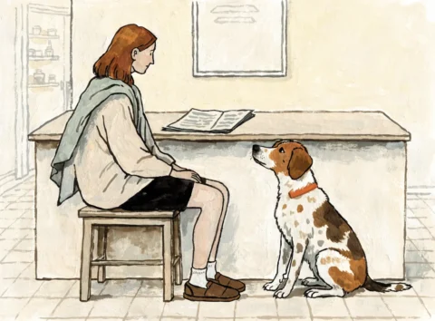 Illustrasjon av en hund og eieren ved skranken på en dyreklinikk