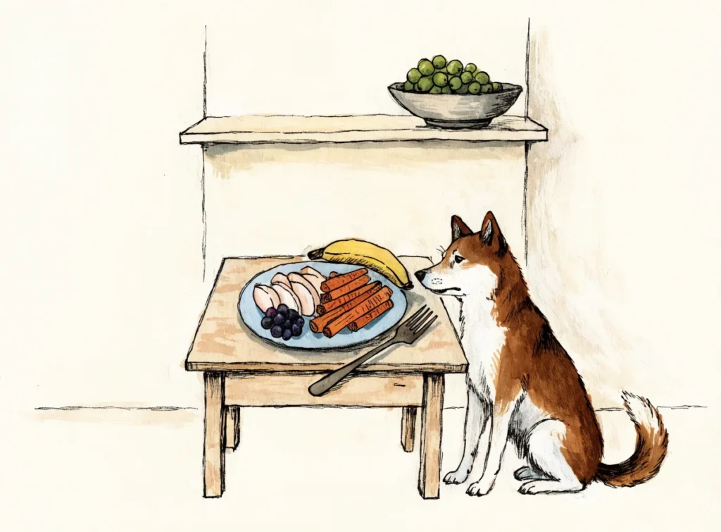 Illustrasjon av en hund ved et bord med eple, gulrot og banan, mens druene står høyt oppe på en hylle