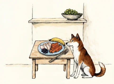 Illustrasjon av en hund ved et bord med eple, gulrot og banan, mens druene står høyt oppe på en hylle