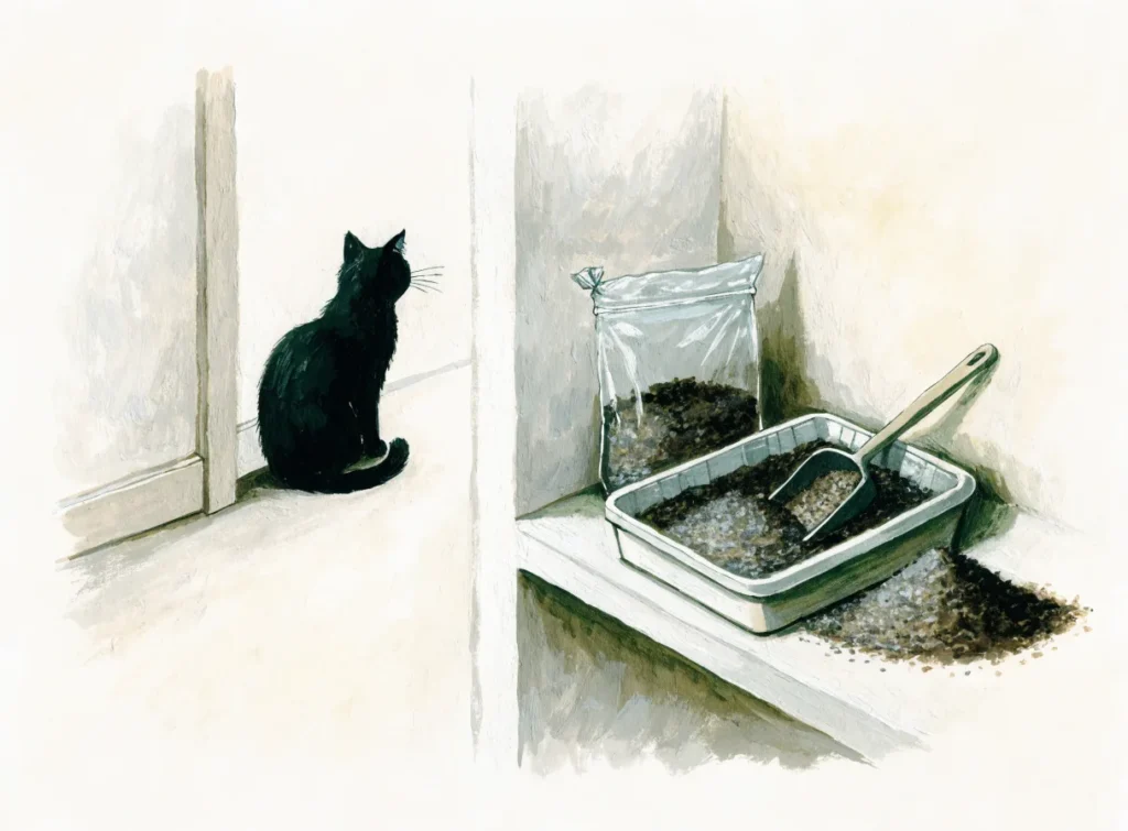 Illustrasjon av en kattedo med klumpende sand og en sandspade, og en katt i døråpningen