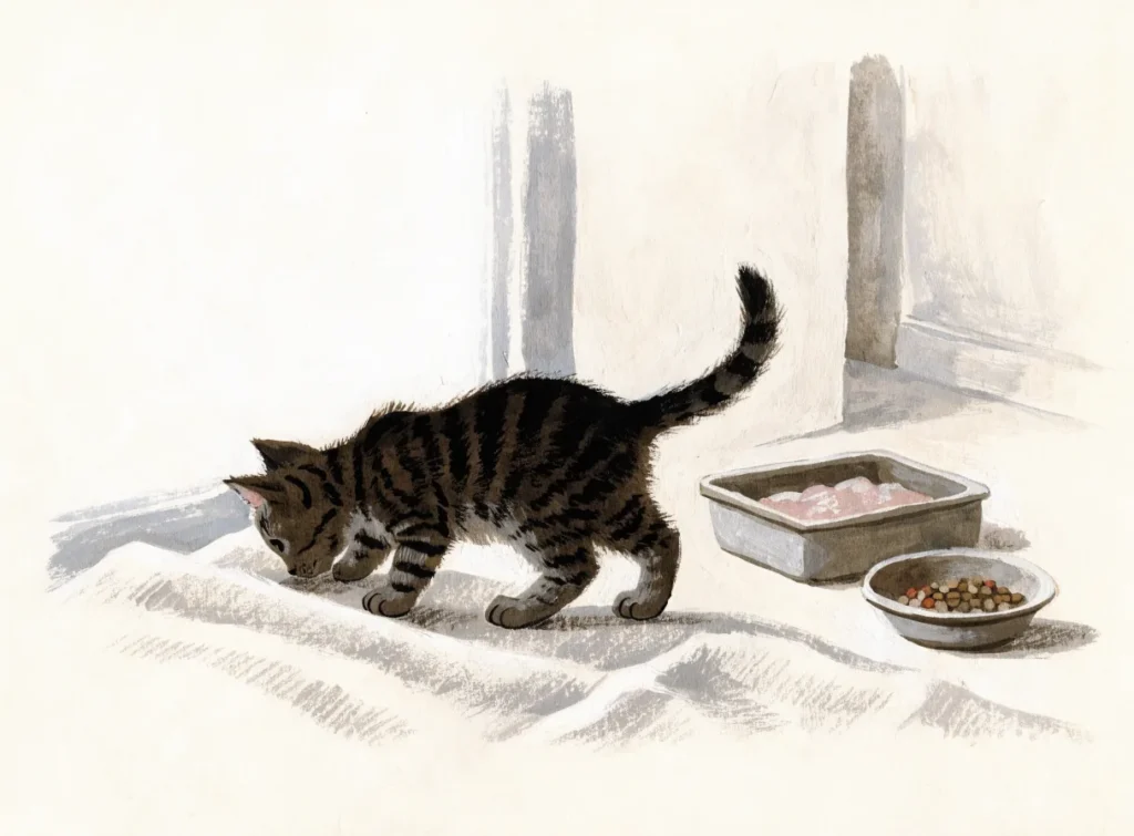 Illustrasjon av en stripete kattunge på et teppe ved en liten kattedo og matskål
