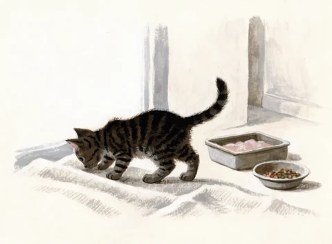 Illustrasjon av en stripete kattunge på et teppe ved en liten kattedo og matskål