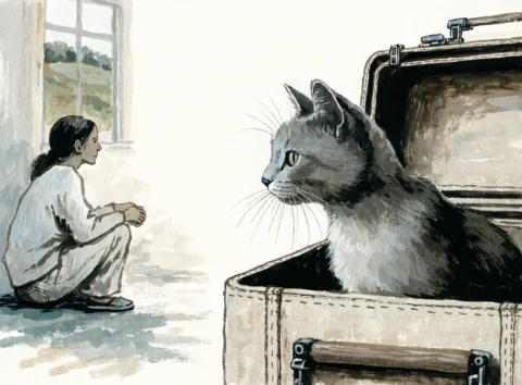 Illustrasjon av en grå katt som titter ut av et transportbur i et nytt hjem