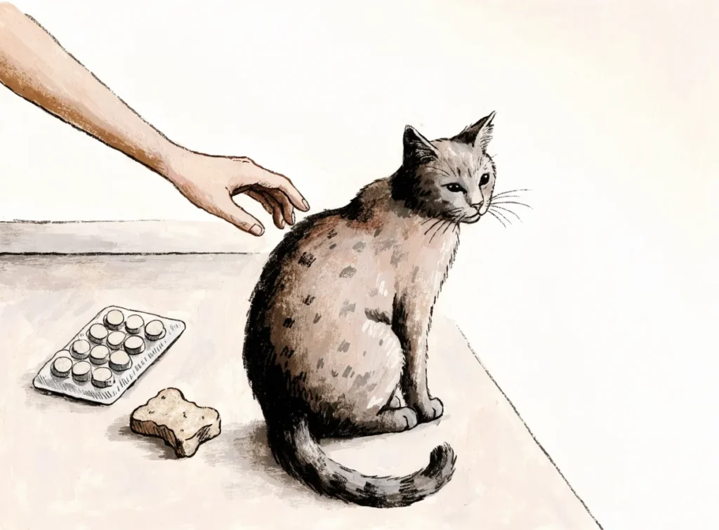 Illustrasjon av en katt ved en tablettpakning og en godbit, mens en hånd klapper den