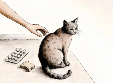 Illustrasjon av en katt ved en tablettpakning og en godbit, mens en hånd klapper den