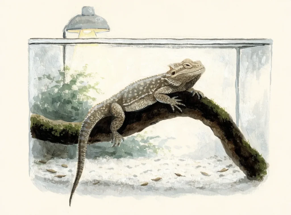 Illustrasjon av en skjeggagam på en gren under en varmelampe i et terrarium