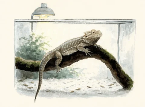 Illustrasjon av en skjeggagam på en gren under en varmelampe i et terrarium
