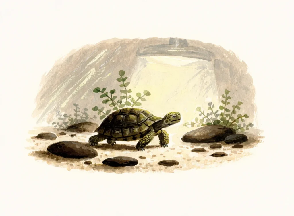 Illustrasjon av en landskilpadde i et terrarium med sand, steiner og grønt under en varmelampe