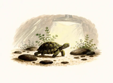 Illustrasjon av en landskilpadde i et terrarium med sand, steiner og grønt under en varmelampe