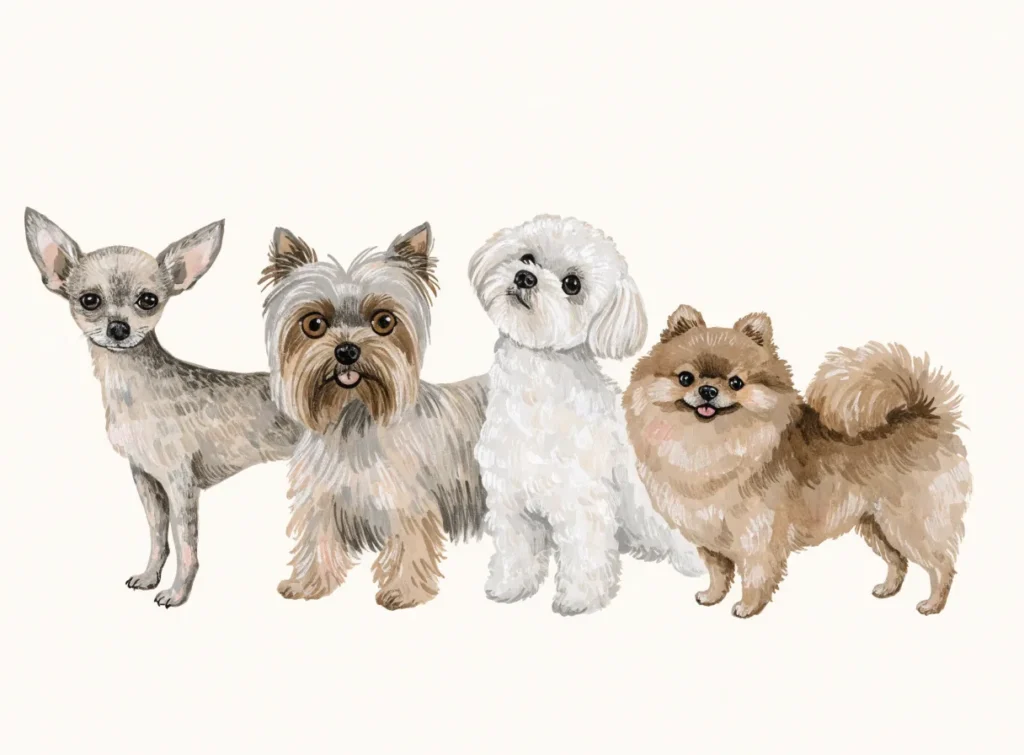 Illustrasjon av fire små hunder: chihuahua, yorkshire terrier, malteser og pomeranian