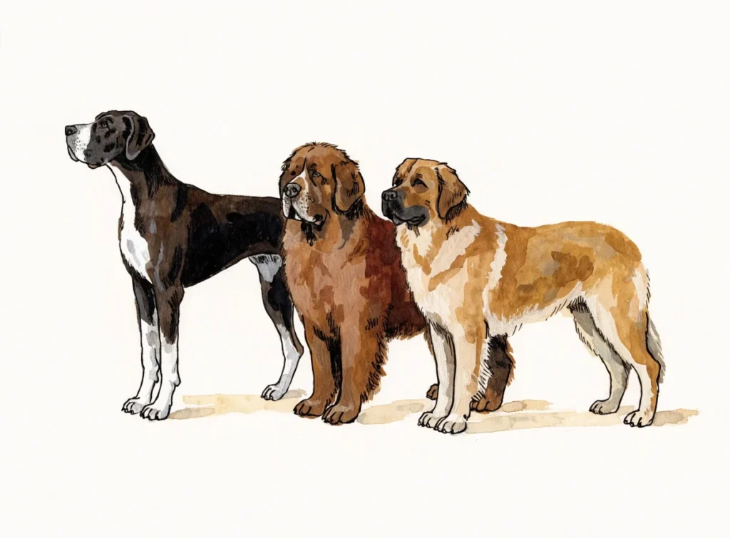 Illustrasjon av tre store hunder side om side: grand danois, newfoundlandshund og leonberger
