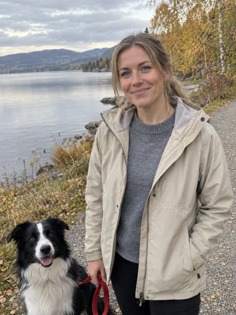 Ingrid Moe med border collien Tika på tur langs Mjøsa