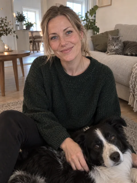 Ingrid Moe hjemme i stua med border collien Tika og en av kattene